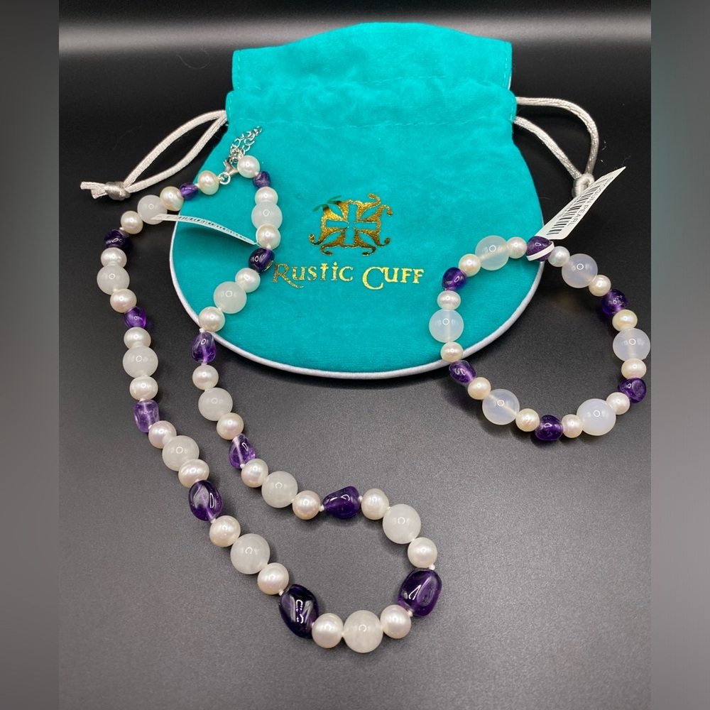 Rustic Cuff Agate Amethyst Beaded Necklace & Bracelet NWT + Carry Bag